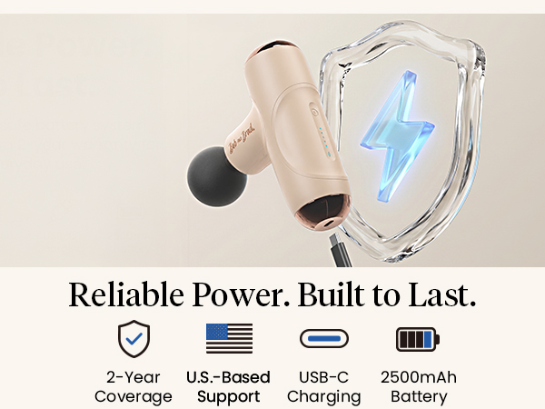 Creamy beige mini massage gun appears with icons for USB-C charging, battery, and support.