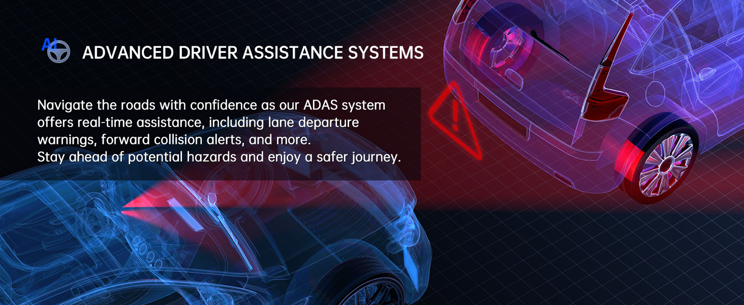 Futuristic car dashboard display showcasing Advanced Driver Assistance Systems (ADAS), with blue holographic interface and text describing safety features.