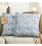 CPC 100% Cotton Throw Pillow Covers 24x24 Inch, Set of 2 Blue Block Print Pattern Couch Pillow, C...