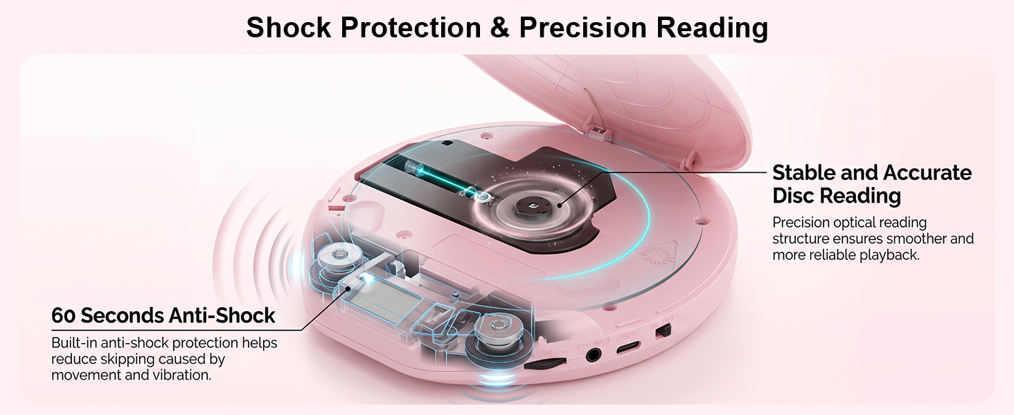 Pink portable CD player with anti-shock function