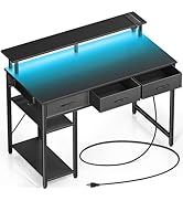 Rolanstar Computer Desk with Power Outlets &amp; LED Light, 39 inch Home Office Desk with 3 Drawers a...