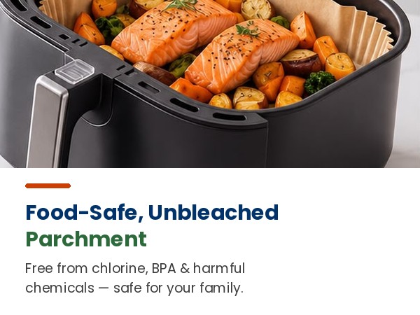 Food-safe unbleached parchment air fryer liner with salmon, chlorine and BPA free
