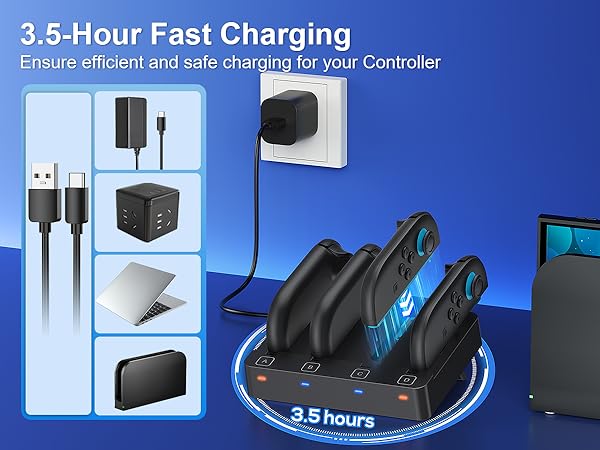 Gaming controller charging station with 3.5-hour fast charging capability, featuring dual docking ports, USB connectivity, and blue LED lighting effects.