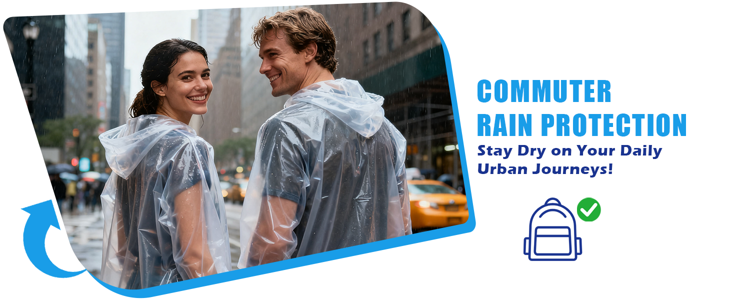 Text reads 'COMMUTER', 'RAIN PROTECTION', and 'Urban Journey'. Product advertisement showing rainwear protection features with blue graphic elements.