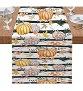 Pumpkin Stripe Table Runner, Maple Fall Autumn Halloween Thanksgiving Orange White Table Runners ...