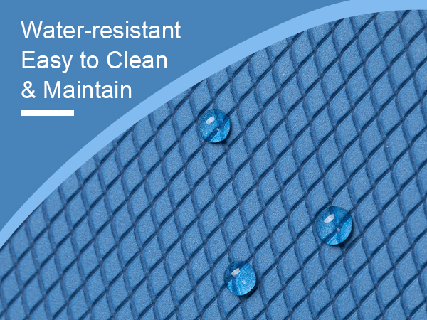 Close-up of a blue textured surface with water droplets. Text overlay describes it as water-resistant and easy to clean and maintain.