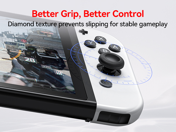 Text reads 'Better Grip, Better Control'. Series of images showing gaming controller grips with diamond textured pattern to prevent slipping during gameplay.