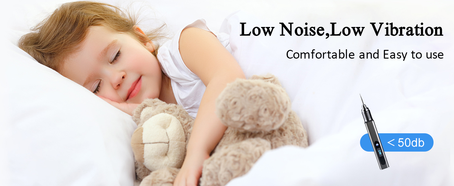 Low noise, low vibration device advertised as comfortable and easy to use. Image shows sleeping child with stuffed animal. Blue icon indicates less than 50db noise level.