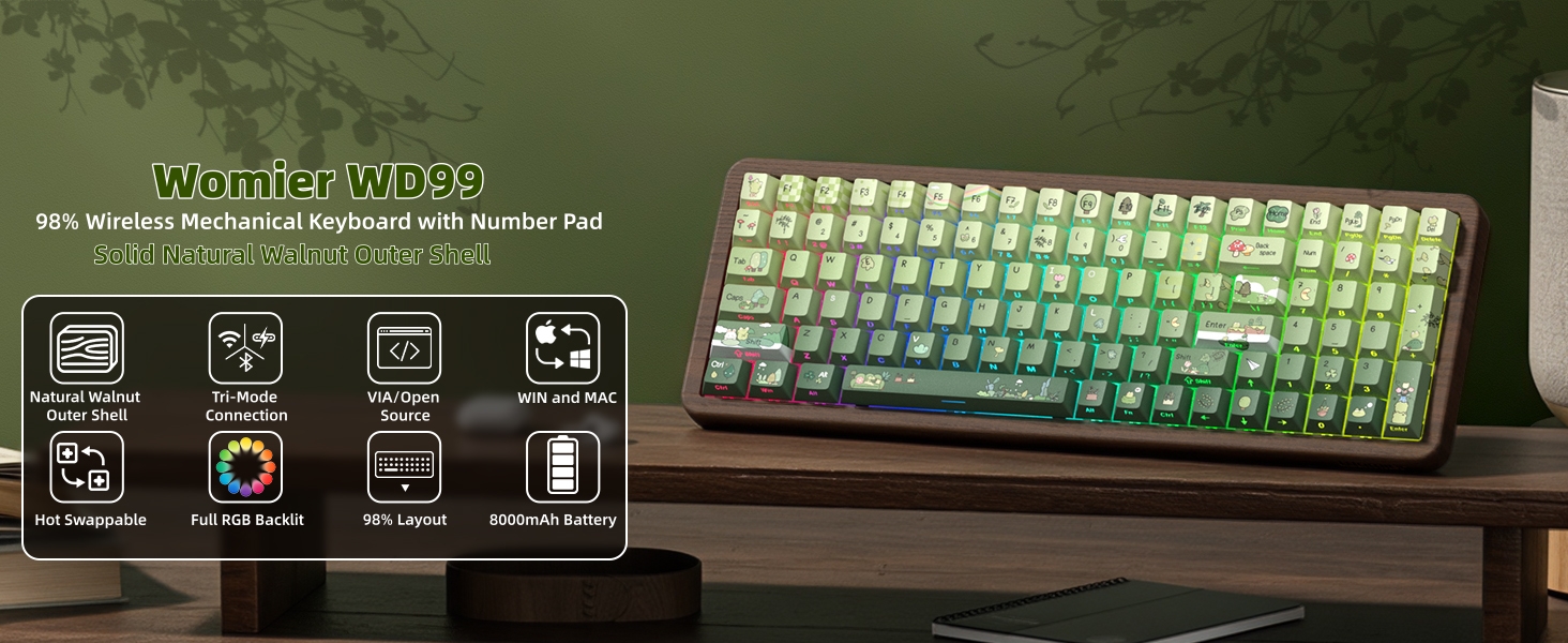 98% Wood Creamy Keyboard with Number Pad, Wireless Frog Keyboard Mechanical Gaming Keyboard