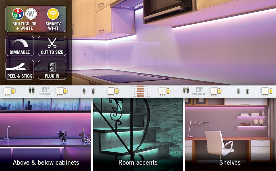 multicolor + white smart wifi dimmable led kit adhesive under cabinet lighting plug in