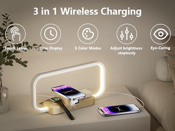LED desk lamp with wireless charging pad base for multiple devices, featuring brightness control and modern arch design with integrated ambient lighting.