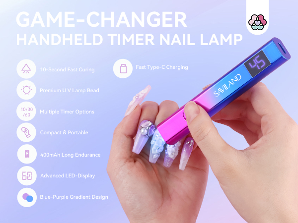 Handheld nail lamp timer with digital display. Device shown in use on fingernails, emitting blue light for nail polish curing.