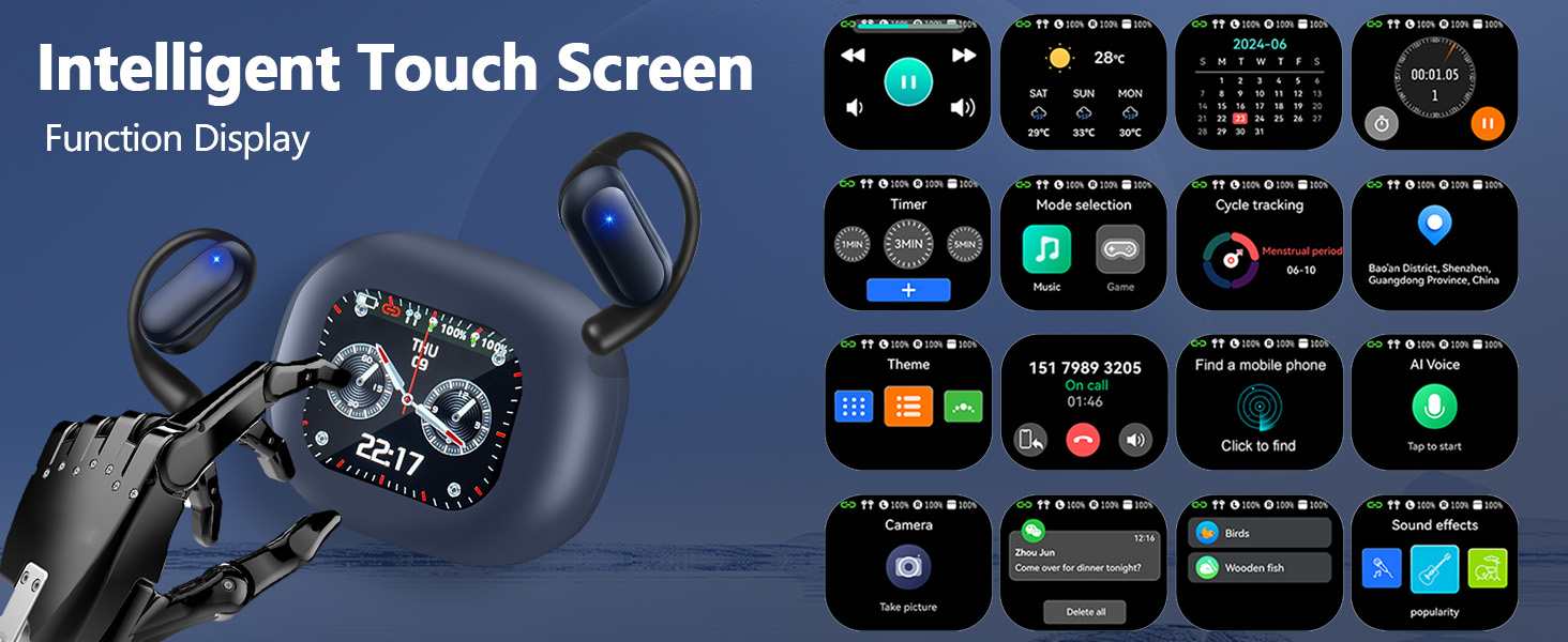 Intelligent Touch Screen Open Ear Bluetooth 5.4 Wireless Bone Conduction Over The Ear Earbuds