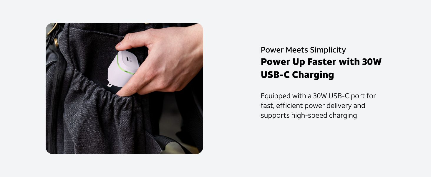 USB-C 30W plug-and-charge gadget sleek commuter charging pocket-size tech backpack slot utility