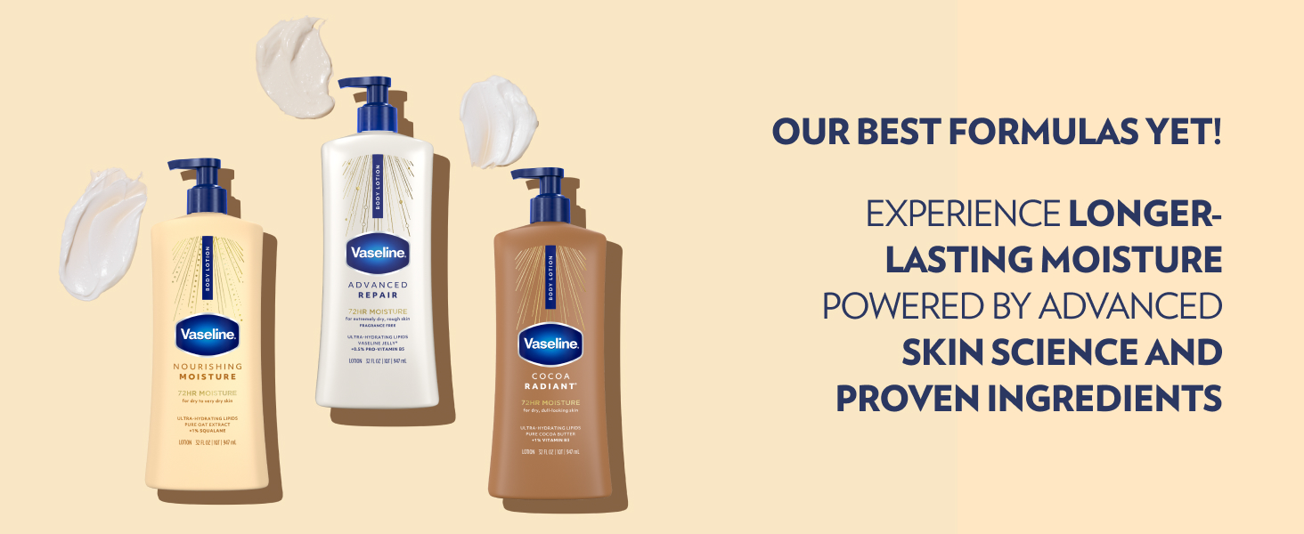 Three pump bottles in this Vaseline range with text about the benefits of the advanced formulas.