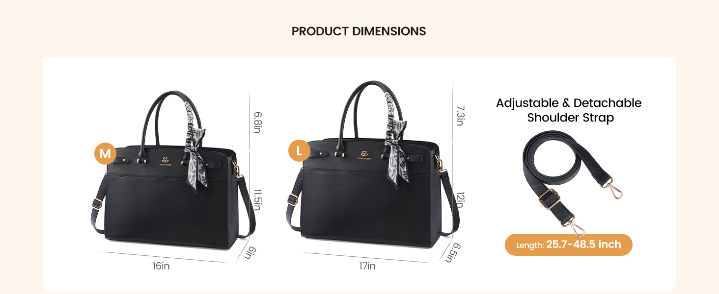 Product dimensions for M and L sizes with adjustable 25.7-48.5 inch detachable shoulder strap.