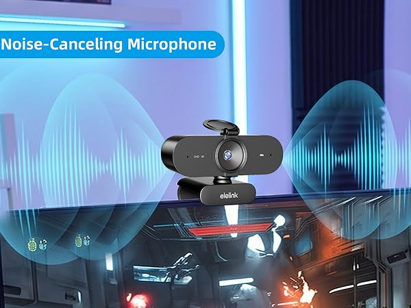 Text reads: 'Noise-Canceling Microphone'. Professional camera or recording device mounted on stand with blue audio visualization waves displayed on dark background, indicating active microphone and sound capture.