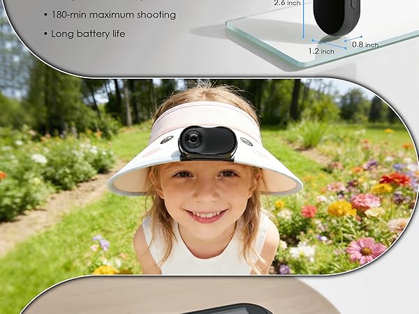 Series of product feature illustrations showing battery life and monitoring capabilities of a wearable device in outdoor settings with garden scenery.