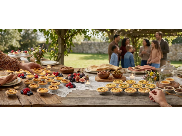 Mini dessert catering display with foil tart pans at outdoor garden party.