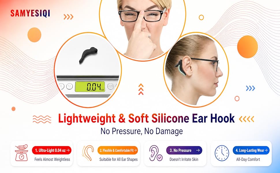Lightweight soft silicone eyeglasses ear grips for all-day comfort