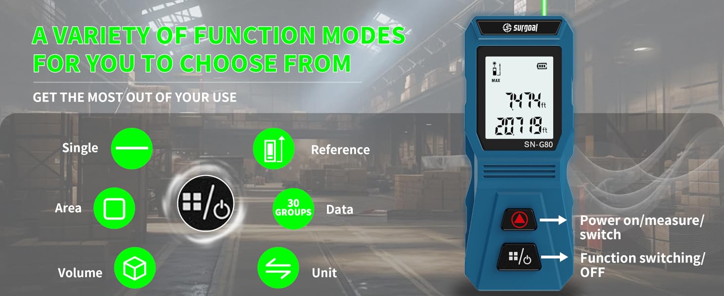 Laser distance measurer, SN-G80 model, multiple measurement modes, switchable units.