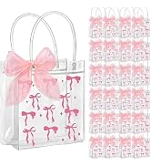 24Pcs Pink Bow Clear PVC Gift Bags With Handles 8 Inches Coquette Transparent Bow Party Favor Bag...