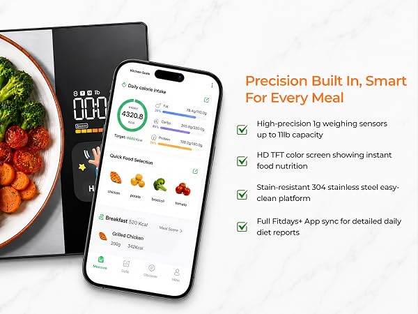 High precision stainless steel smart food scale with full Fitdays App sync function