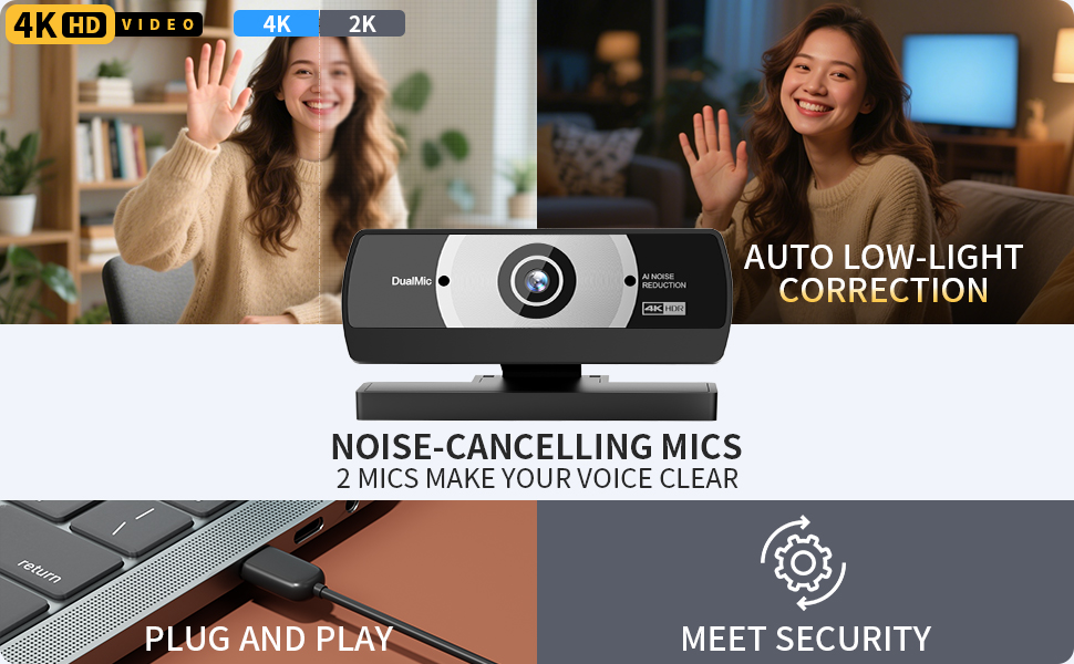 Text reads '4K HD', 'AUTO LOW-LIGHT CORRECTION', 'NOISE CANCELLING MICS', 'PLUG AND PLAY', 'MEET SECURITY'. Webcam product promotional image showing device features and usage scenarios.
