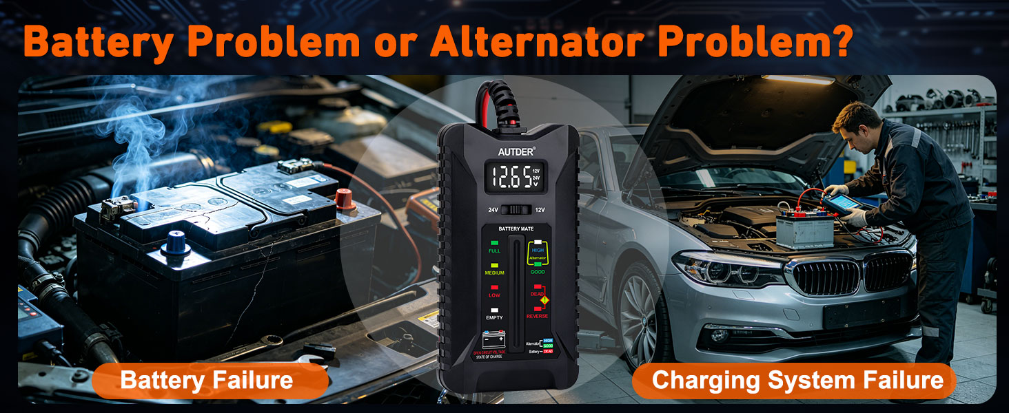 Text reads 'Battery Problem or Alternator Problem?' with 'Battery Failure' and 'Charging System Failure' labels. Split image showing car battery and multimeter, engine compartment.