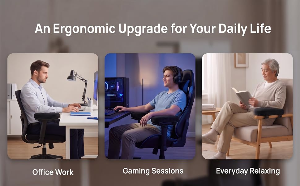 Three usage scenarios showing the armrest pad: office work, intense gaming, and reading at home.