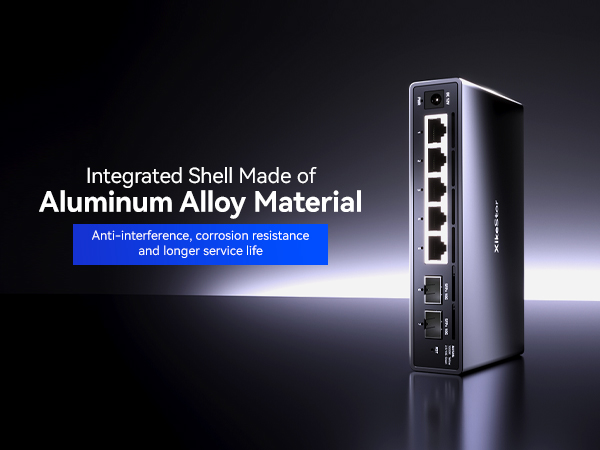 Text reads 'Aluminum Alloy Material' and 'Integrated Shell Made of'. Technical product shot showing black electronic device housing with blue backlight effect.