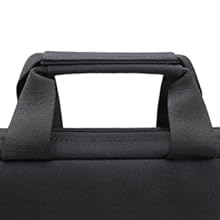 Close-up of a black laptop bag handle and part of the bag's top edge, showing sturdy construction and fabric texture.