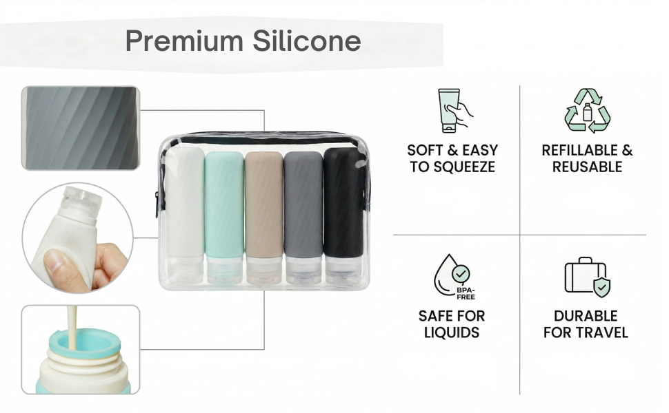 Premium silicone travel bottles with soft squeezable reusable design