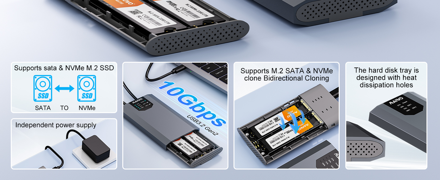 Dual-Bay M.2 SSD Enclosure Cloner for NVMe &amp; SATA