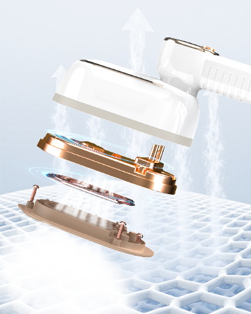 Multiple views of a white electronic device sliding across a textured blue surface, suggesting a cleaning or scanning functionality.