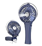 Handheld electric fan in navy blue. Features foldable handle, adjustable head, and visible fan blades. Shown in two positions: open and folded.