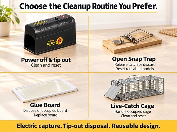 Comparison of electric, open snap, glue and live-catch traps by capture and handling method.