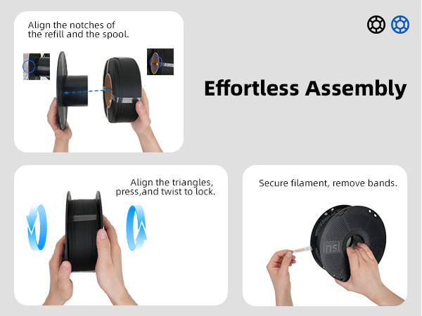 Instructions for assembling a 3D printer filament spool. Steps include aligning notches, aligning triangles, pressing and twisting to lock, and securing filament while removing bands.