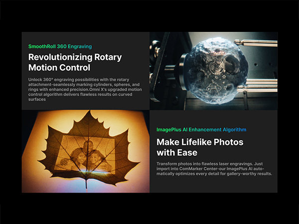 Text reads 'Revolutionary Rotary Motion Control' and 'Make Lifelike Photos with Ease'. Dark interface showing globe graphic and autumn leaf with lighting effects.