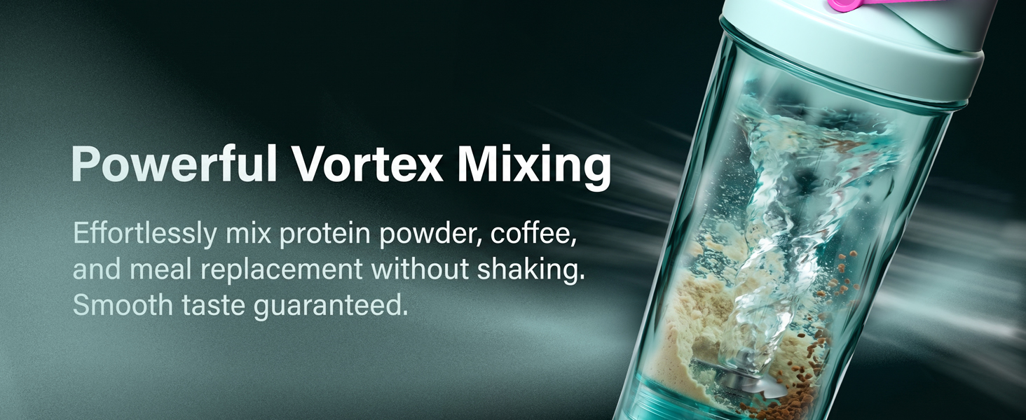 Electric shaker bottle mixing protein powder, coffee, and meal replacement drinks by vortex.