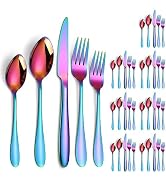 A · HOUSEWARE Rainbow Silverware Set for 8 People 40 Piece Flatware Set Stainless Steel,include F...