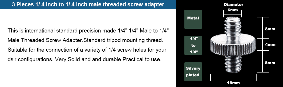 3 pieces 1/4 inch to 1/4 inch screw adapter