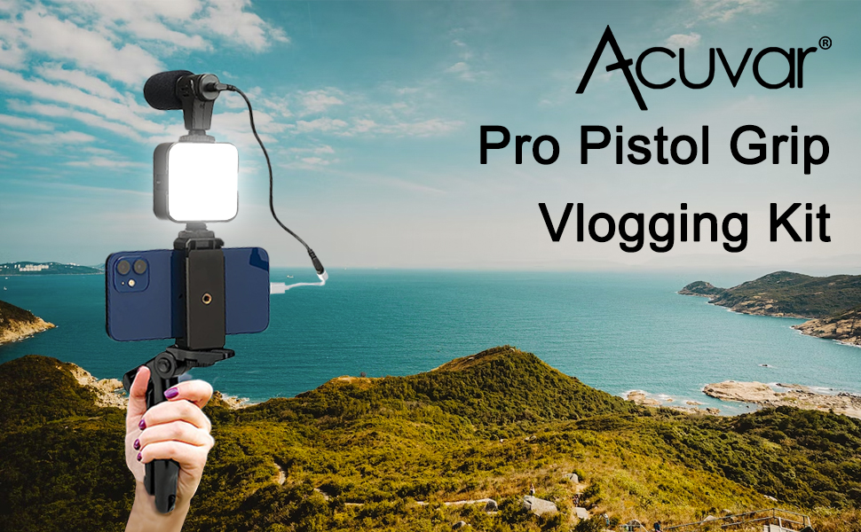 Acuvar pistol grip vlogging kit with phone holder, shotgun mic and LED video light