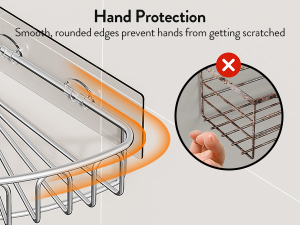 Text reads 'Hand Protection' and 'Smooth, rounded edges prevent hands from getting scratched'. Illustration shows bathroom rack design with smooth edges and warning about sharp edges.