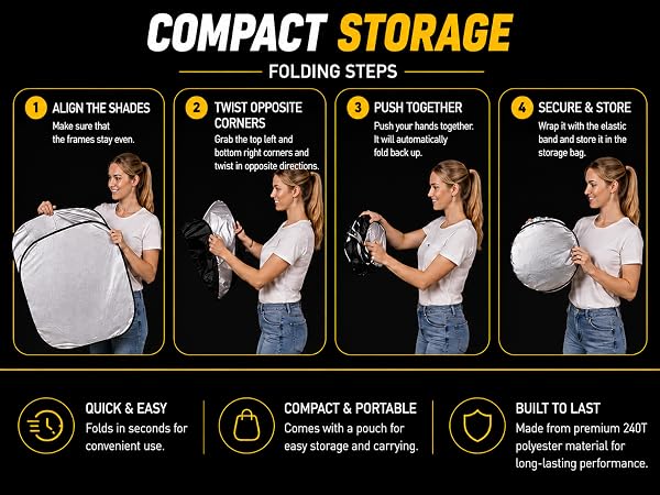 Four-step folding guide for compact windshield sunshade storage.