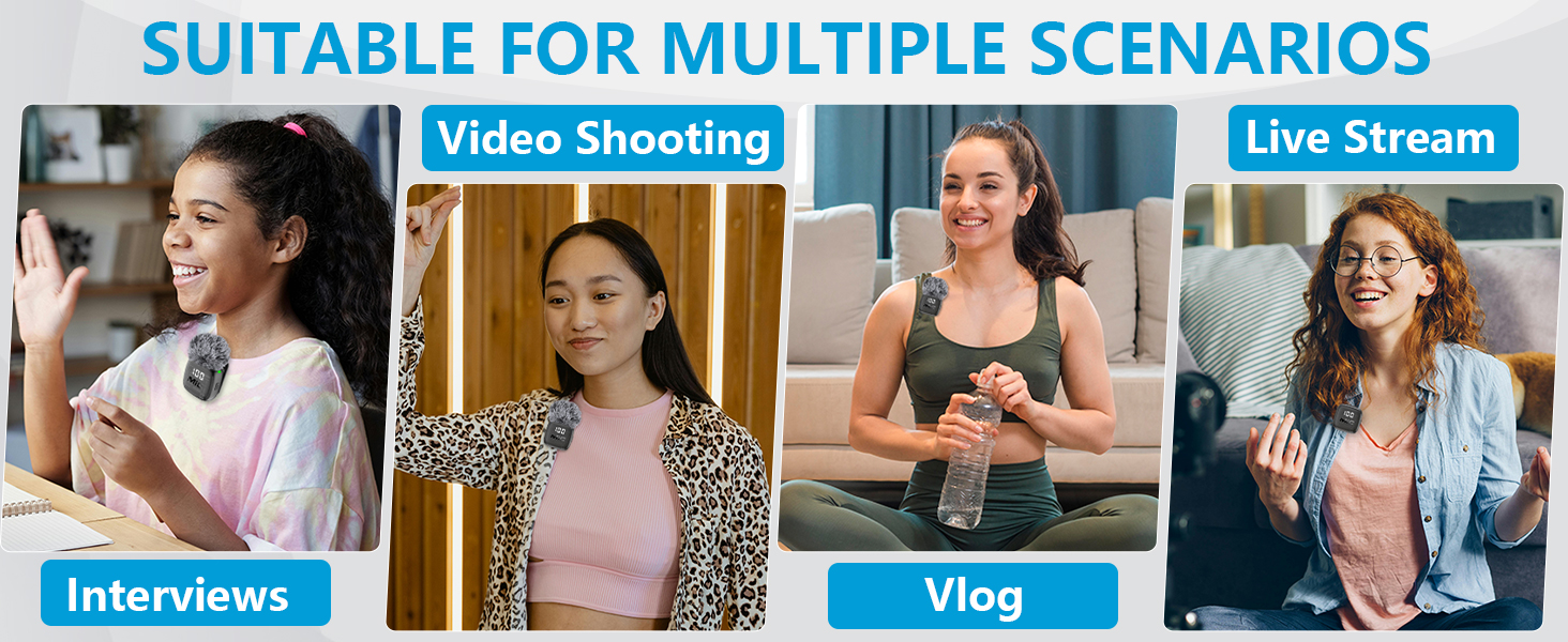 Text reads 'SUITABLE FOR MULTIPLE SCENARIOS', 'Video Shooting', 'Live Stream', 'Interviews', 'Vlog'. Four panels showing woman in different scenarios: video production, streaming, interviews, and vlogging content creation.