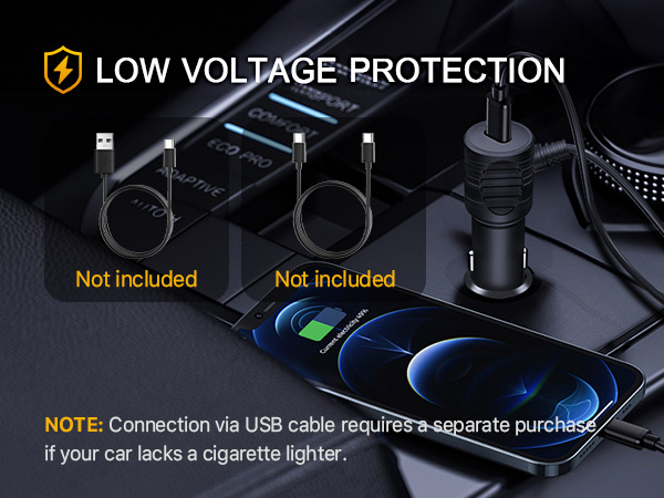 Text reads 'LOW VOLTAGE PROTECTION' and 'NOTE: Connection via USB cable requires separate purchase.' Interior car dashboard view showing USB charging ports and cigarette lighter socket.