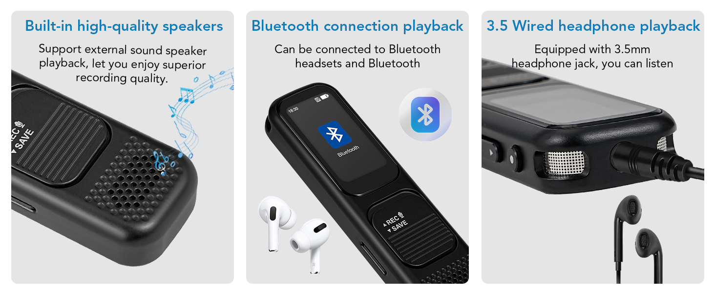 Built-in high-quality speakers playback/Bluetooth connection playback/3.5 Wired headphone playback