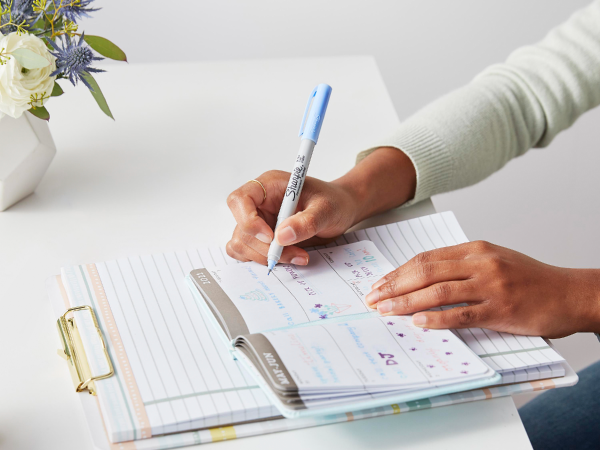 sharpie permanent marker light blue ultra fine tip calendar notebook journal office write desk cup