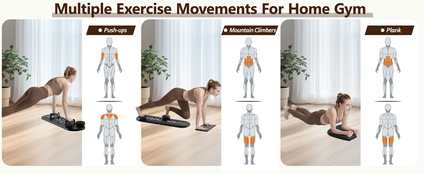 Push-ups, mountain climbers and plank exercises performed on a pilates board.